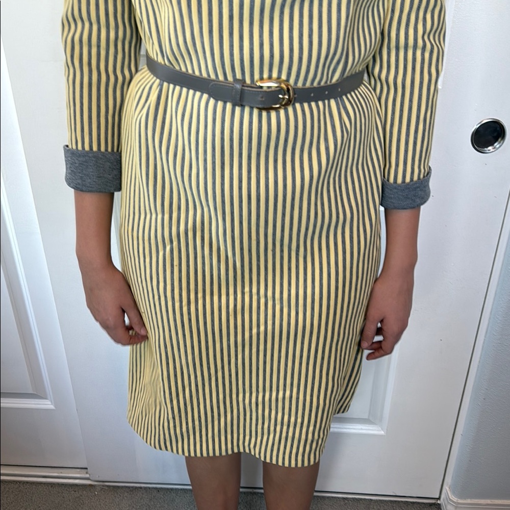 VINTAGE 60s DAVID CRYSTAL striped yellow and gray dress includes belt M L - Picture 5 of 12
